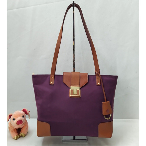 Tory Burch Purple Nylon Brown Leather Trim Double Handle Satchel Shoulder Bag - Picture 1 of 16
